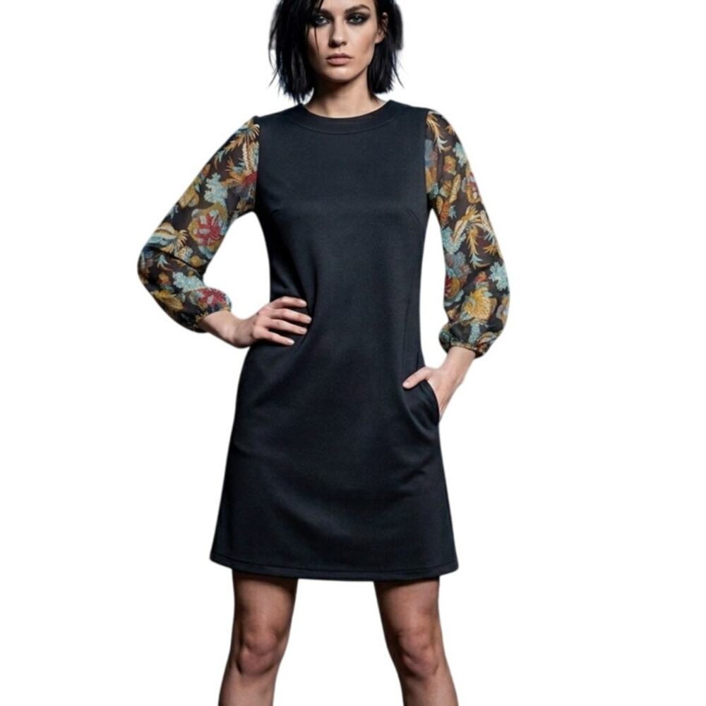 Tracy Nagoshian Black Whimsigoth Dress Sheer Abstract Avian Print Sleeve Boho XS